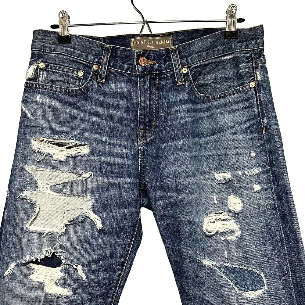 J CREW POINT SUR Distressed Mid-rise Bootcut Jeans • 26 • blue • patches - Picture 2 of 10